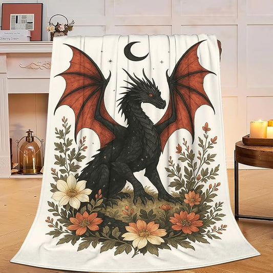 Black Dragon Blanket Floral Dragon Throw Blanket Soft Cozy Fleece Fuzzy Stuffed Plush Flannel Gifts for Girls Women Boys Kids Adults 40''x50''