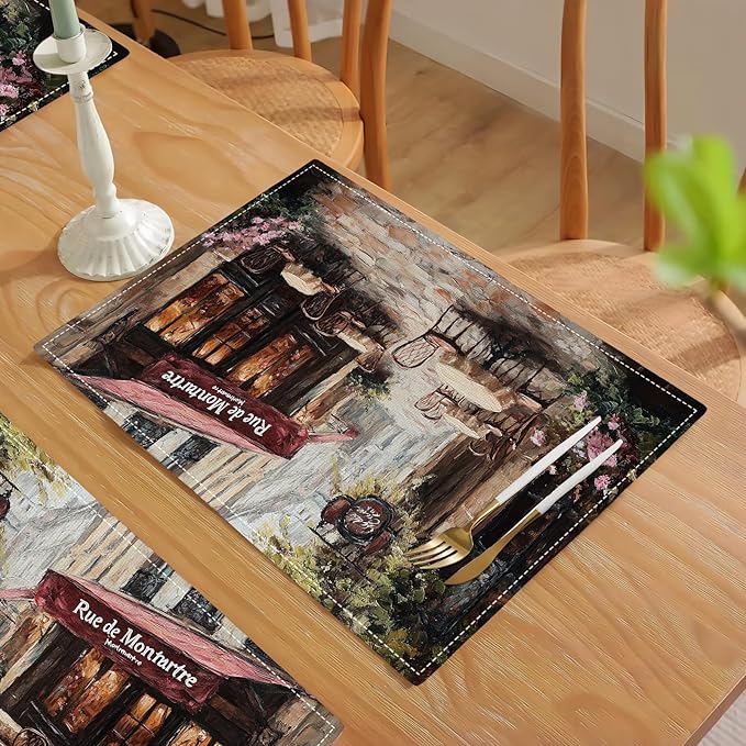 Street Scene Placemats Set of 6, Italian Place Mats, Rustic Street Stone Rock Houses in Italy City Dining Table Mats, Washable Placemats for Kitchen Dining Room 18L'' × 12W''