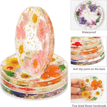 Flower Coasters, Tumwisk 4Pcs Dried Flower Drink Coasters,Women Coffee Table Dining Table Desk Aesthetic Coaster Set Natural Floral Coaster Home Decoration Housewarming Present (Multicolor)