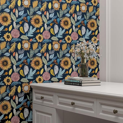 Blue Wallpaper Peel and Stick,Vintage Boho Floral Contact Paper, 17.5" x 393.7" Retro Paisley Flower Botanical Wall Paper Self Adhesive Removable Waterproof for Bathroom Shelves Cabinet Table Decor