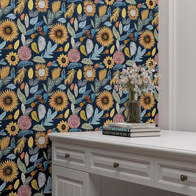 Blue Boho Wallpaper Peel and Stick,Vintage Floral Contact Paper 17.5" x 118", Retro Paisley Flower Botanical Wall Paper Self Adhesive Removable Waterproof for Bathroom Shelves Cabinet Table Decoration