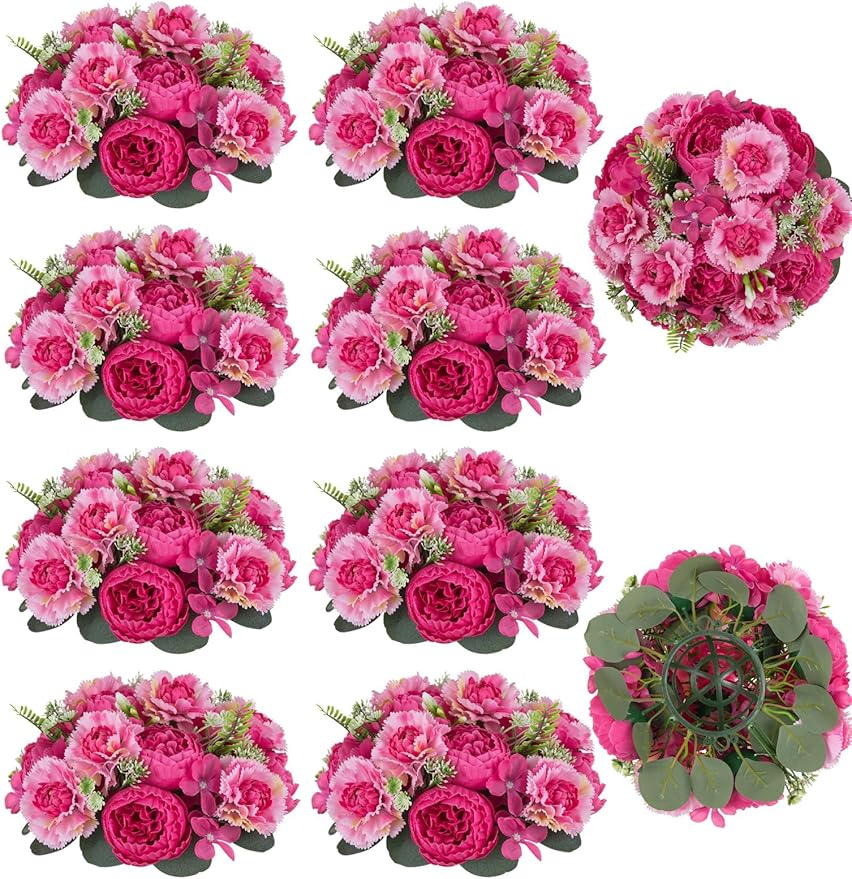 BLOSMON Faux Peony Flowers centerpieces: 10pc 9.5 Inch Hot Pink Floral Ball Arrangement for Wedding Party - Easy to Use Home Dinning Table Decoration - Fake Silk Peony Kissing Ball Decor