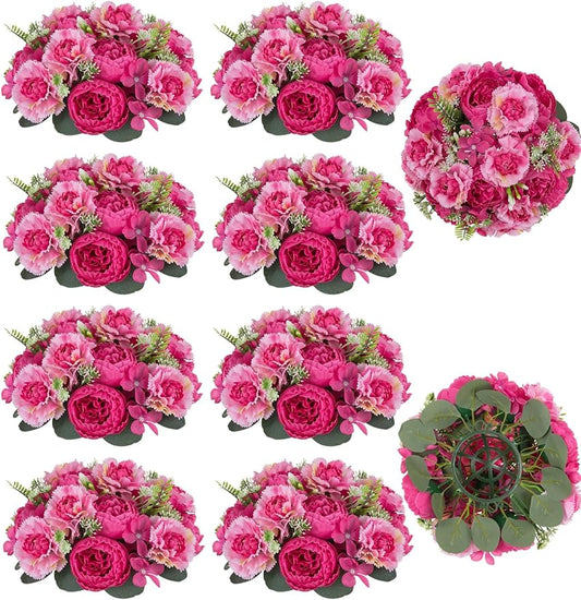 BLOSMON Faux Peony Flowers centerpieces: 10pc 9.5 Inch Hot Pink Floral Ball Arrangement for Wedding Party - Easy to Use Home Dinning Table Decoration - Fake Silk Peony Kissing Ball Decor