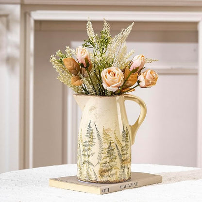 Vintage Ceramic Pitcher Vase with Handle, Farmhouse Green and Purple Large Floral Vases, French Country Decorative Vase, Rustic Table Centerpiece for Home Decor, Bookshelf, Office 7.3 Inch