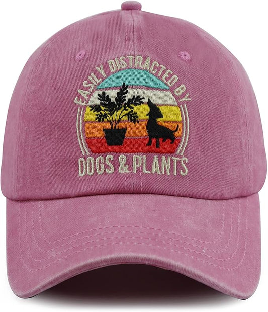 Easily Distracted by Dogs and Plants Hats, Adjustable Plant and Dog Decor Embroidered Baseball Cap for Men Women