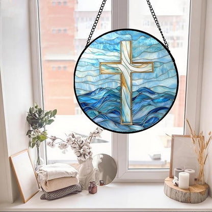 Christian Gifts for Women - Blue Cross Stained Glass Window Hanging Jesus Easter Ocean Waves Sun Catcher Garden Religion Decor Mother's Day Catholic Gift for Men Grandma Mom Her Nana 9.8"