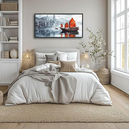 Cityscape Boat Large Wall Art Sailboat Pictures Wall Decor Coastal Canvas Ocean Nautical Print Painting Modern Artwork Home Decoration for Living Room Bathroom Bedroom Office Framed 60"x30"