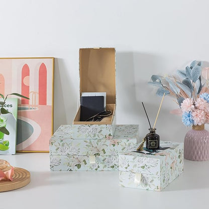 Soul & Lane Pastel Floral Decorative Boxes with Hinged Lids and Muted Ribbon Pull - Pastel Petals, Set of 3 (One Large and Two Medium Boxes), Cardboard Storage for Photos, Documents, Keepsakes