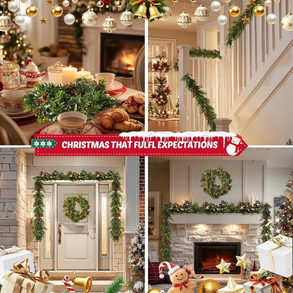 6FT Christmas Garland – Artificial Norfolk Pine Olive Garland with Red Berries, Pinecones & 20 Warm LED Timer Lights – Holiday Garland for Home, Wedding, Party Decorations