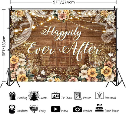 Happily Ever After Backdrop Bridal Shower Wedding Party Brown Wood Photography Background Boho Floral Golden Rose Dots Wedding Decor Banner Portrait Photo Booth Studio Props 9x6ft FU072YL