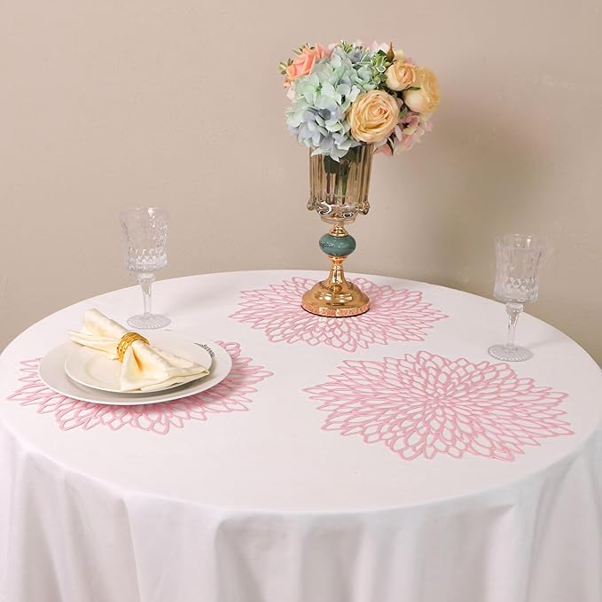 Snowkingdom Pink Placemats Set of 8, Round Vinyl Pink Flower Place Mats 15 Inch Fancy Dinning Floral Table Mats for Wedding Birthday Baby Shower Easter Halloween Christmas Holiday Party Decoration