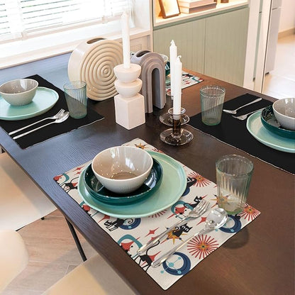 Mid Century Black Cat Modern Placemats Set of 6,Kitchen Table Mats for Dining Outdoor Home Decor 12x18 Retro Place Mats 6 PCS, Style-17