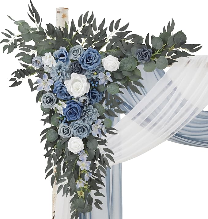 Ting's time Wedding Arch Flowers with Drape Kit (Pack of 4),2pcs Dusty Blue Floral Swags Arrangement and 2pcs Drapes Fabric for Wedding Ceremony and Reception Backdrop Decoration