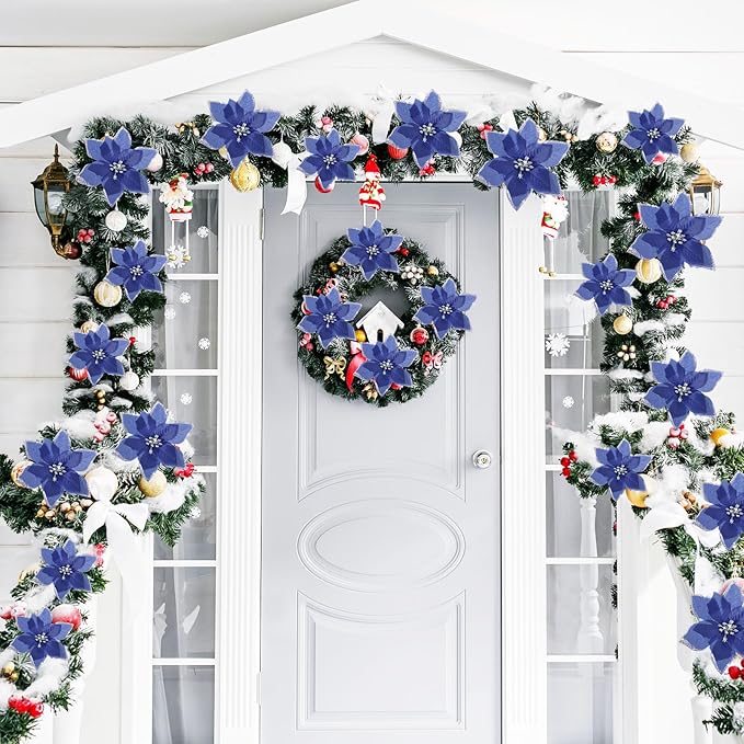 WILLBOND 24 Pcs 3 Size Poinsettia Flower Artificial Christmas Decor Glitter Poinsettia Christmas Ornaments Faux Flowers for Xmas Tree Outdoor(3.2/4/6 Inches,Navy Blue)