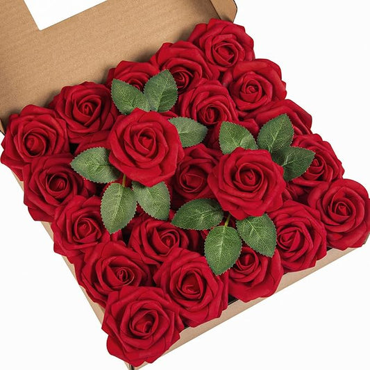DuHouse 25Pcs Artificial Roses Flowers Fake Roses with Stems Real Touch Foam Flowers for DIY Wedding Bouquet Baby Shower Centerpiece Floral Arrangement Party Home Decor(Dark Red)