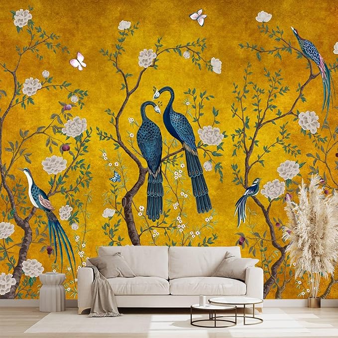 Golden Chinese Style Flowers Birds Large Wall murals Peel and Stick Wallpaper for Bedroom Living Room - 85"x118"