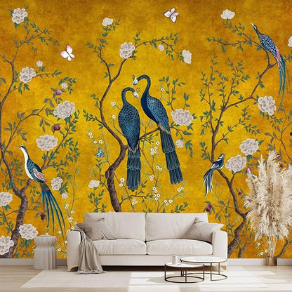 Golden Chinese Style Flowers Birds Large Wall murals Peel and Stick Wallpaper for Bedroom Living Room - 85"x118"