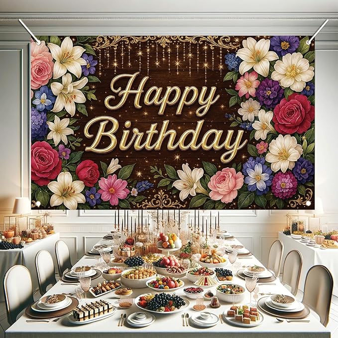 Rustic Wooden Gold Letter Happy Birthday Backdrop Banner for Women Girls Flowers Photography Background Decoration Wedding Baby Shower Decor Photo Booth Studio Props Supplies 6x4ft