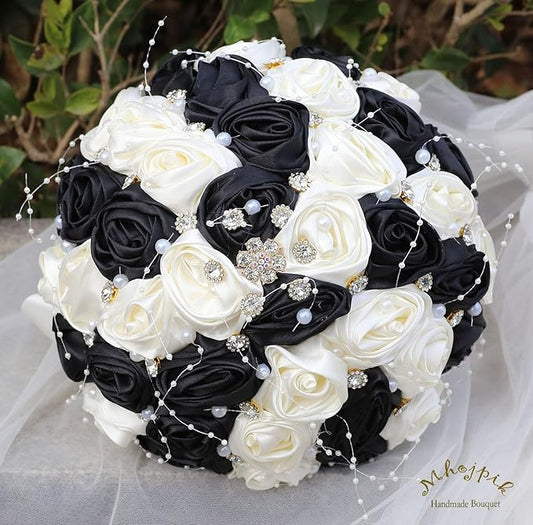 Bridal Wedding Bouquet Round Bling Brooch Bouquet Throw Toss Artificial Rose Flower Bunch for Bride Bridesmaid Wedding Quinceanera(Black & Ivory, 6.3")