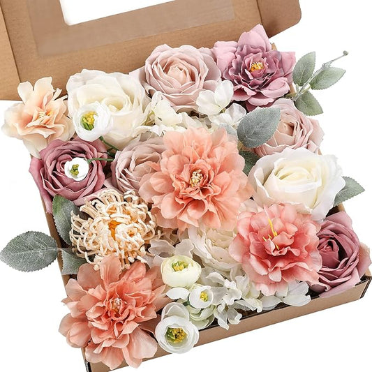 YYHUAWU Artificial Flowers Combo Set Fake Flower Leaf Box with Stems for DIY Wedding Bouquets Centerpieces Flower Arrangements Decorations Baby Shower Party Home Decorations White Pink