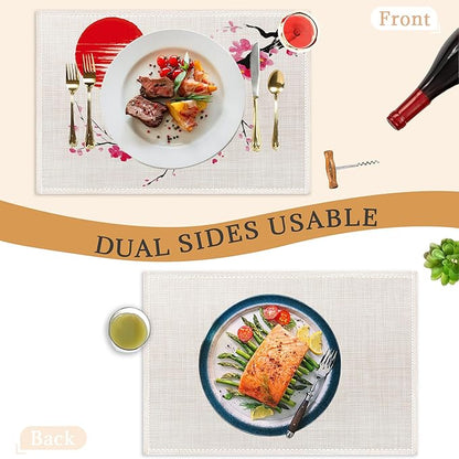 Japanese Cherry Blossom Placemats Set of 6, Linen Table Mats, Woven Table Mats for Dining Room, Washable & Wrinkle Resistant, Farmhouse Kitchen Decor
