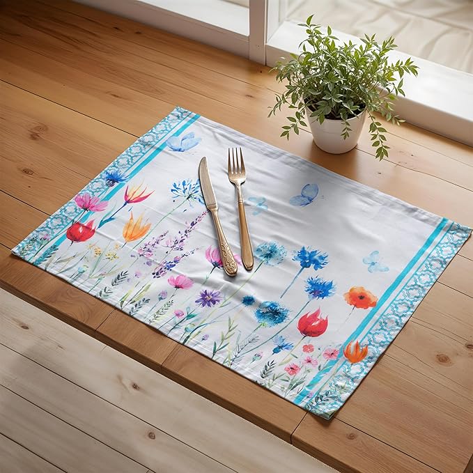 Maison d' Hermine Placemats Set of 4 100% Cotton Washable Cloth Place Mats, Reusable Table Mats for Kitchen Dining Decoration, Party, Restaurant Spring/Summer (Happy Florals - High Summer, 13" x 19")