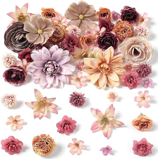 Artificial Flower Heads Combo - Fall Silk Dahlia & Roses Fake Flowers for Wedding, Party, Graduation Cap DIY, Cake Decoration, Table Centerpieces, Home Decor