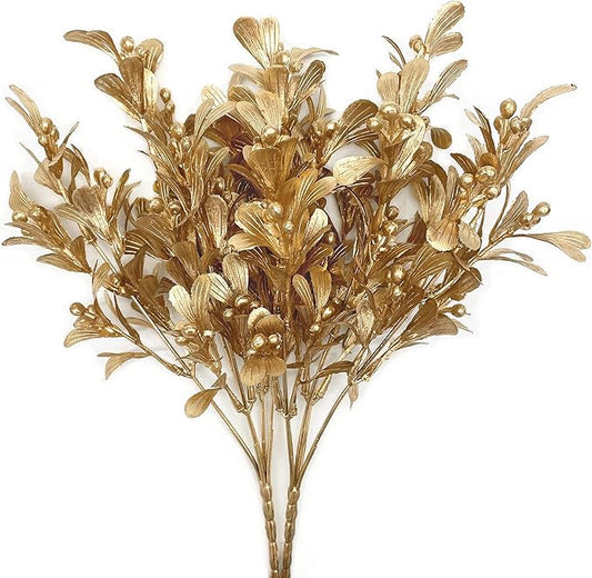 PASYOU Artificial Plants for Christmas Decor, Golden Flowers Plastic Grass Fake Shrubs Leaves Indoor Outdoor Home Garden Party Hotel Verandah Wedding Event Bouquet Faux DIY Decoration - Gold 2 Pack