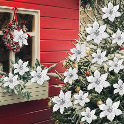 WILLBOND 24 Pcs 3 Size Poinsettia Flower Artificial Christmas Decor Glitter Poinsettia Christmas Ornaments Faux Flowers for Xmas Tree Outdoor(4/6/7.9 Inches,Silver)