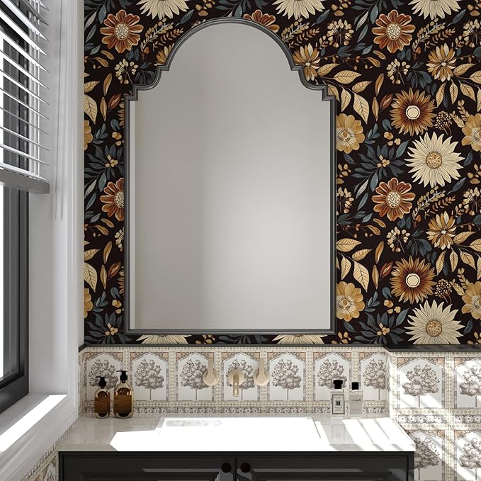 Boho Floral Wallpaper Peel and Stick, Vintage Dark Sunflower Contact Paper for Bathroom Cubicle Drawer, Retro Abstract Removable Antique Flower Wall Paper Art Decor Black Orange 17.5" x 118"