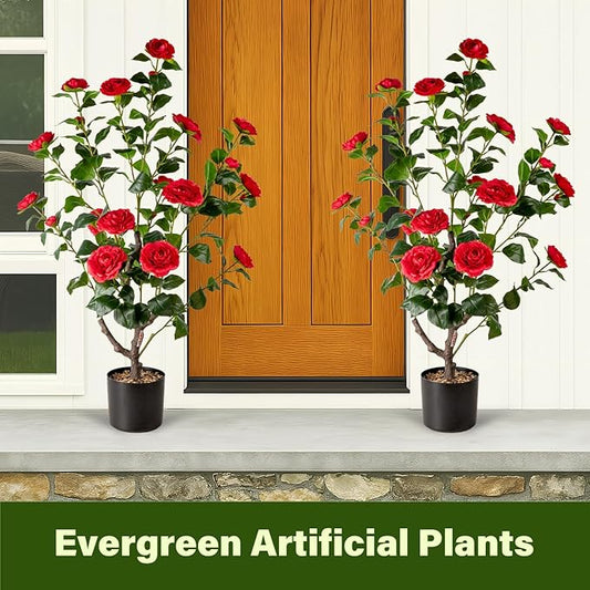 Artificial Camellia Tree,2Pack 3.2FT Faux Red Camellia Plants in Pots,Lifelike Artificial Flower Trees for Indoor Outdoor Home Decor,Realistic Blooming Faux Plants for Living Room Porch Patio Office