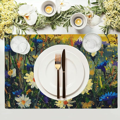 Watercolor Daisies Placemats Set of 4,Blue Cornflowers 12x18 Inch Non-Slip Washable Heat Resistant Linen Fabric Table Mats,Place Mats for Holiday Party