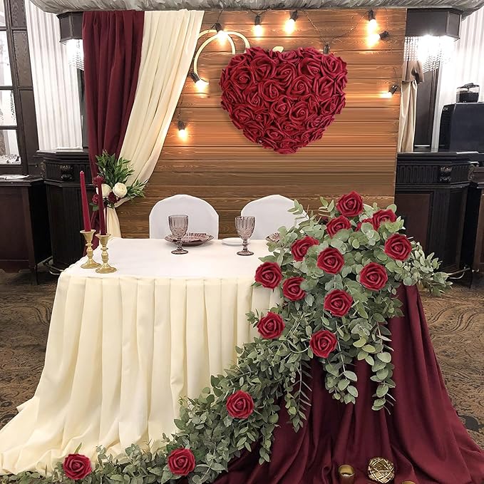IPOPU Artificial Rose Flower Heads, 100 Pcs Real Looking Burgundy Foam Fake Roses for DIY Wedding Baby Shower Centerpieces Arrangements Party Tables Home Decorations (Wine red, Stemless)