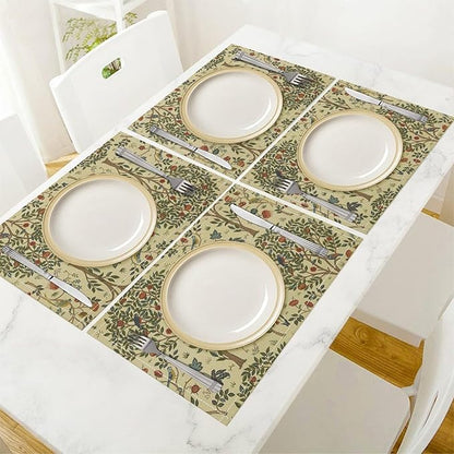 Vintage Trees Placemats Set of 6, William Morris Retro Boho Botanical Plant Birds Place Mats, Heat Resistant Non Slip Cotton Linen Dining Table Mats for Home Kitchen Party 18x12 Inch