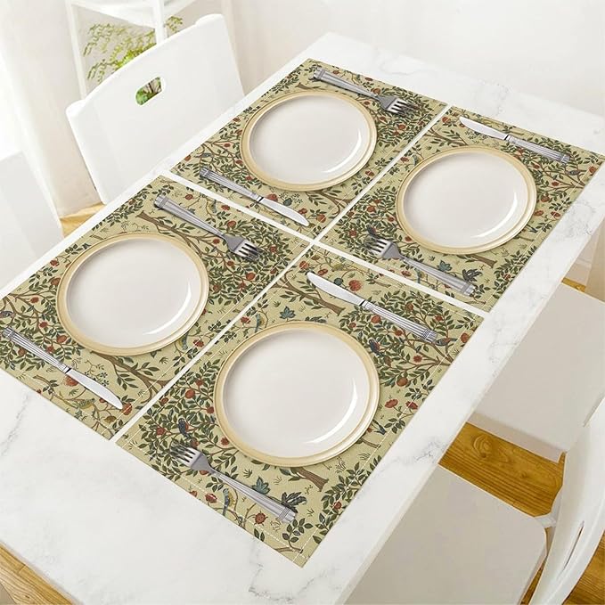 Vintage Trees Placemats Set of 4, William Morris Retro Boho Botanical Plant Birds Place Mats, Heat Resistant Non Slip Cotton Linen Dining Table Mats for Home Kitchen Party 18x12 Inch