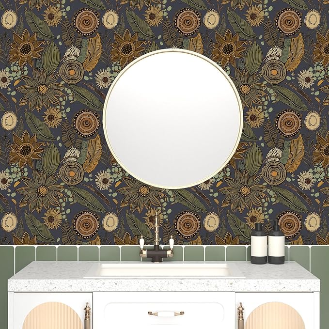 Boho Wallpaper Peel and Stick, Vintage Blue Yellow Floral Contact Paper 17.5" x 393", Botanical Flowers Antique Retro Absract Wall Paper Self Adhesive Removable Waterproof for Shelves Cabinet Table