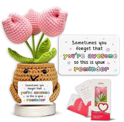 Gossby Handmade Positive Tulip Flower Crochet - Sometimes You Forget You're Awesome - Inspirational Gift for Women - Birthday, Appreciation, Positive Gift for Teacher, Mom, Friend, Coworker