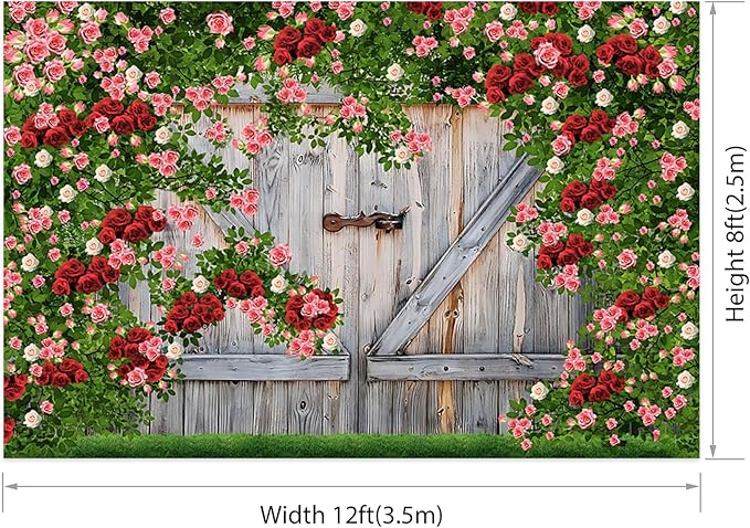 AOFOTO Barn Door Rose Backdrop Rustic Red Pink Beige Flowers Background Romantic Phtography Banner for Anniversary Wedding Decor Photo Studio Photobooth Props 12x8ft