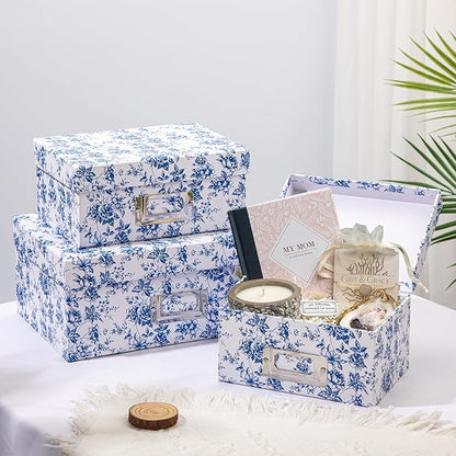 Briful Blue and white Porcelain Storage Boxes, Photos Storage Boxes with Lids 4 in 1 Set Water-proof Gift Boxes Sets Decorative Multiple Size Storage Bins for Clothes/Office/Christmas Decorations