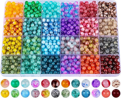 XSEINO About 1200+ PCS 6mm Ink Style Glass Beads Bracelet Making Kit, 24 Assorted Ink Colorful Series Crystal Beads for Jewelry Making and DIY Crafts, Friendship Bracelets