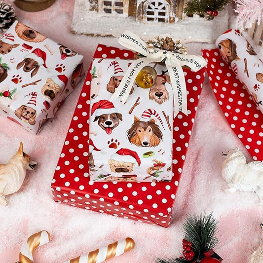 MAYPLUSS Christmas Wrapping Paper Roll - 17 Inch X 33 Feet - Cute Dog Hat Reversible Polka Dot Gift Wrapping Paper, Thick Wrap Paper for Holiday Party New Year Kids
