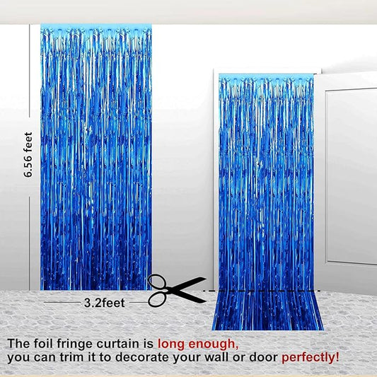 2 Pack 3.28 ft x 6.56 ft Blue Tinsel Curtain Party Backdrop Decorations, Metallic Foil Fringe Backdrop Door for Halloween, Christmas, Birthday Graduatio