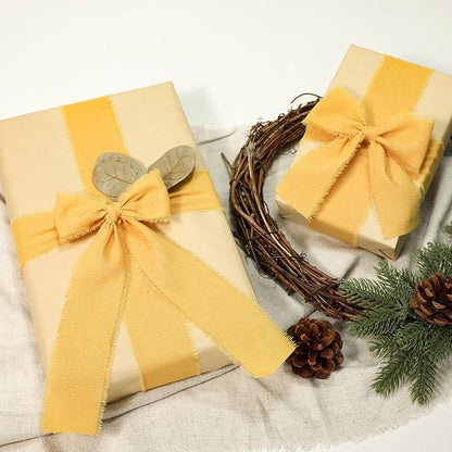 Keypan Yellow Ribbon 1-1/2 x 15 Yards Handmade Cotton Frayed Fringe Fabric Ribbons for Crafts Flower Bouquets Wedding Baby Shower Home DIY Decor
