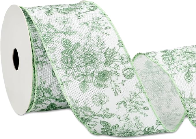 Floral Wired Edge Ribbon Roll Green Flower Ribbon Chinoiserie Fabric Ribbon for Wreath Bow Making DIY Crafts Gift Wrapping, 12 Yard