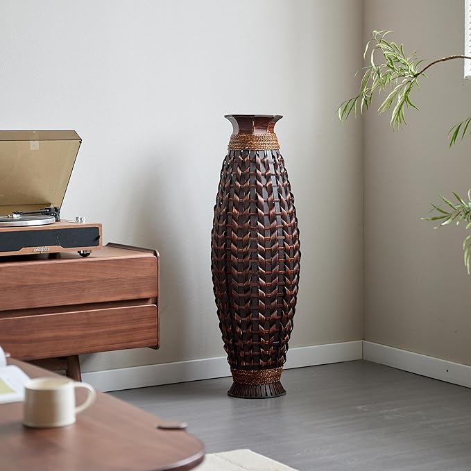 Large Hand-Woven Bamboo Floor Vase, Tall Home Decor Floor Vase for Fake Flower Dried, Flower Holder for Living Room, Bedroom, Dining Room, Entryway, Hallway