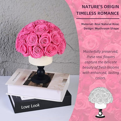 Luxury Preserved Flowers Blooms with Ceramic Base, Mushroom Shape Forever Eternal Natural Rose Gift Box for Home Table Decoration, Girlfriend Wife family Valentines Mothers Day Birthday (Pink)