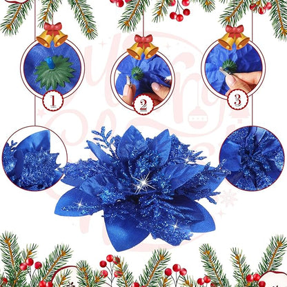 Geosar 24 Christmas Glitter Artificial Poinsettia Flowers Xmas Poinsettia Artificial Wedding Flowers Decorations Xmas Tree Ornaments with Clips for Party Favors, 6 Inch, 4 Inch, 3 Inch (Royal Blue)