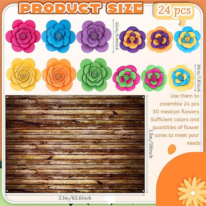Frienda 36 Pcs DIY Paper Flower Decor Set with 83x59 Inch Custom Background Cloth and Rope, Artificial 3D Flower Wall Decor for Wall Bulletin Board Wedding Halloween Mexican Festive Party(Wooden)
