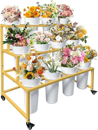 PROLEE Flower Stand with 12 Buckets, Flower Display Stand with Wheels, Flower Cart, Moving Florist Bouquet Shelf, Rectangular, Gold