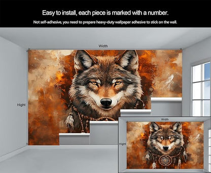 Wolf Dreamcatcher Wall Mural, Tribal Wolf 3D Wall Murals, Feathers Dreamcatcher Animal Totem Wallpaper Mural, for Living Room Bedroom Large Wallpaper Indoor Decor 169.3" W x118.2 H